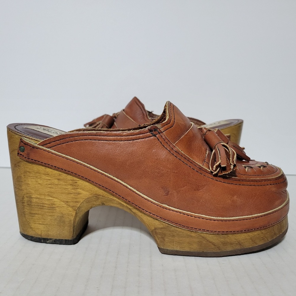 Zodiac by Encore Women's Brown Leather Wooden Platform Clogs Made in USA Size 7